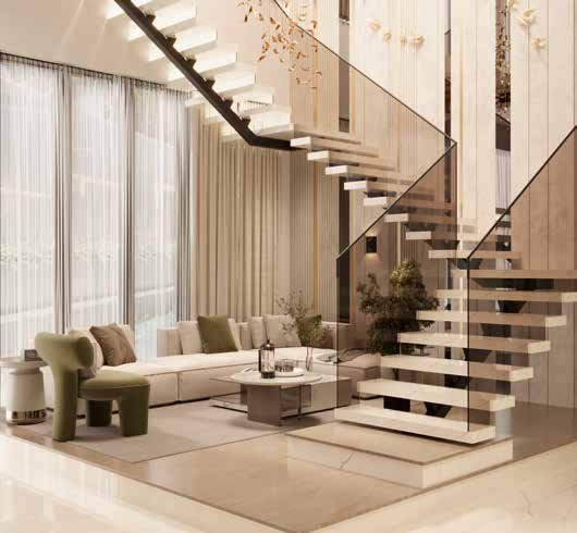 Living room with floating staircase and bespoke joinery